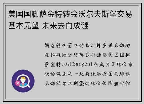 美国国脚萨金特转会沃尔夫斯堡交易基本无望 未来去向成谜