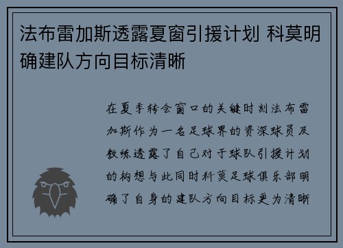 法布雷加斯透露夏窗引援计划 科莫明确建队方向目标清晰