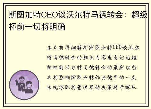斯图加特CEO谈沃尔特马德转会：超级杯前一切将明确